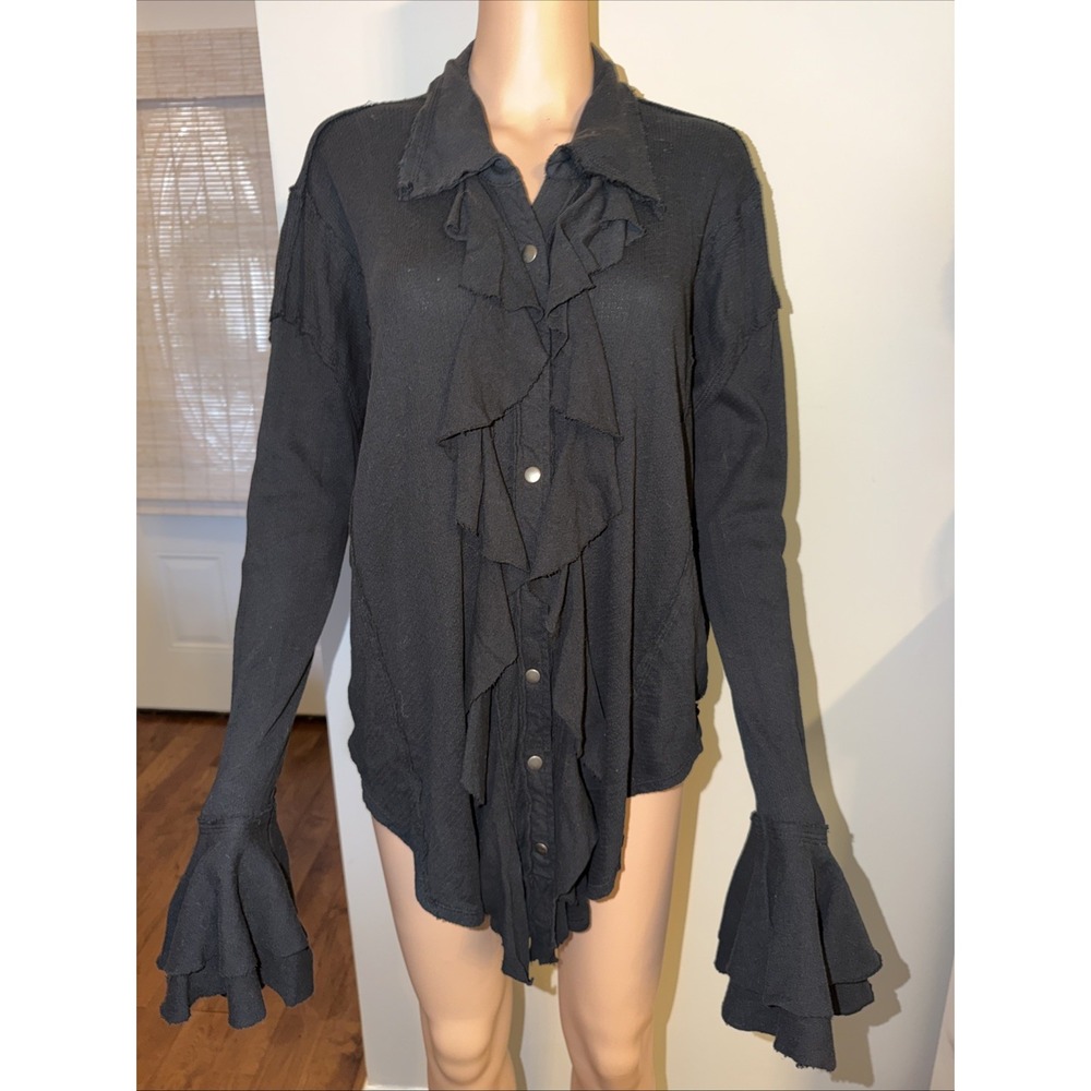 Free People We The Free Black Long Sleeve Snap Front Blouse Top Whimsigoth M